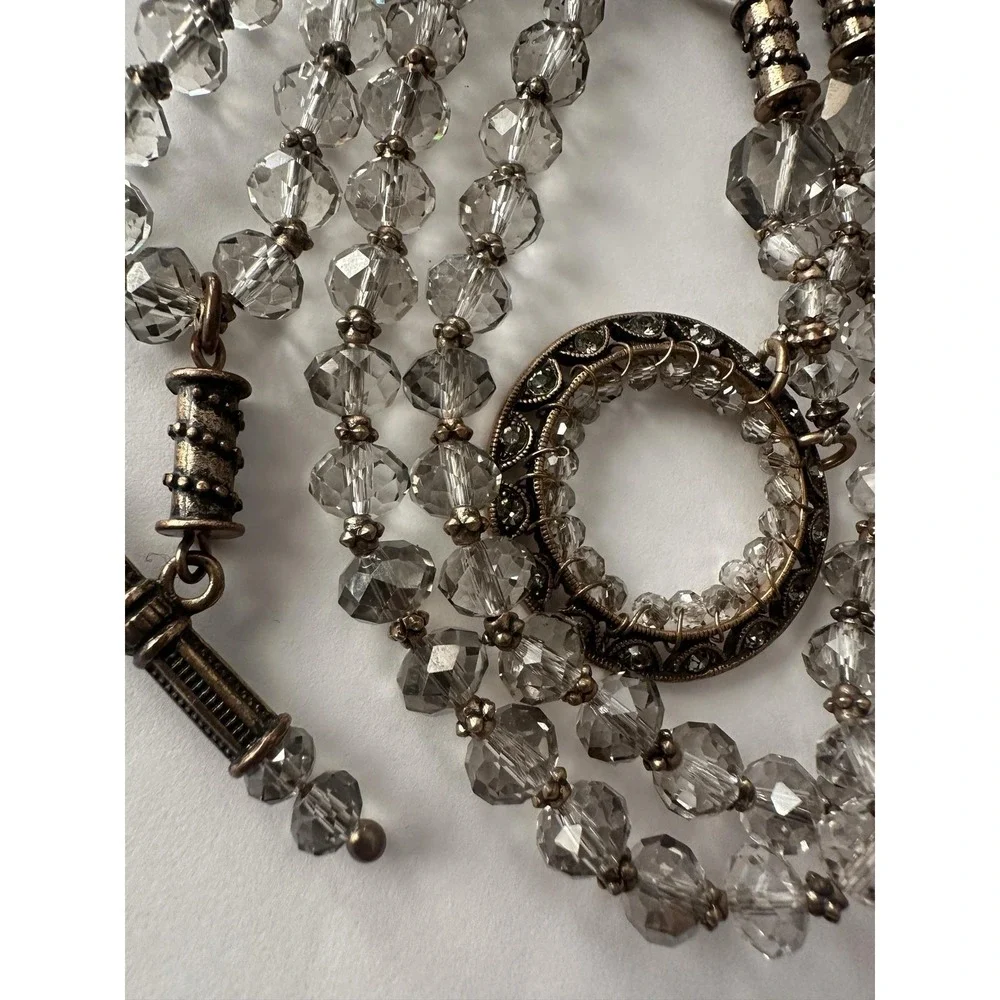 Gold Tone Clear SmokyCrystal Beaded Necklace Rhinestone Pendant Toggle Statement